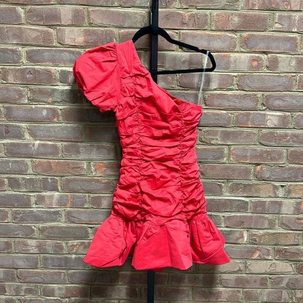 Main Strip Women’s Red One Shoulder Ruched Ruffle Mini Dress Size Small NEW - Picture 7 of 9
